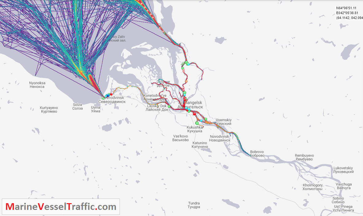 Live Marine Traffic, Density Map and Current Position of ships in SEVERNAYA DVINA RIVER